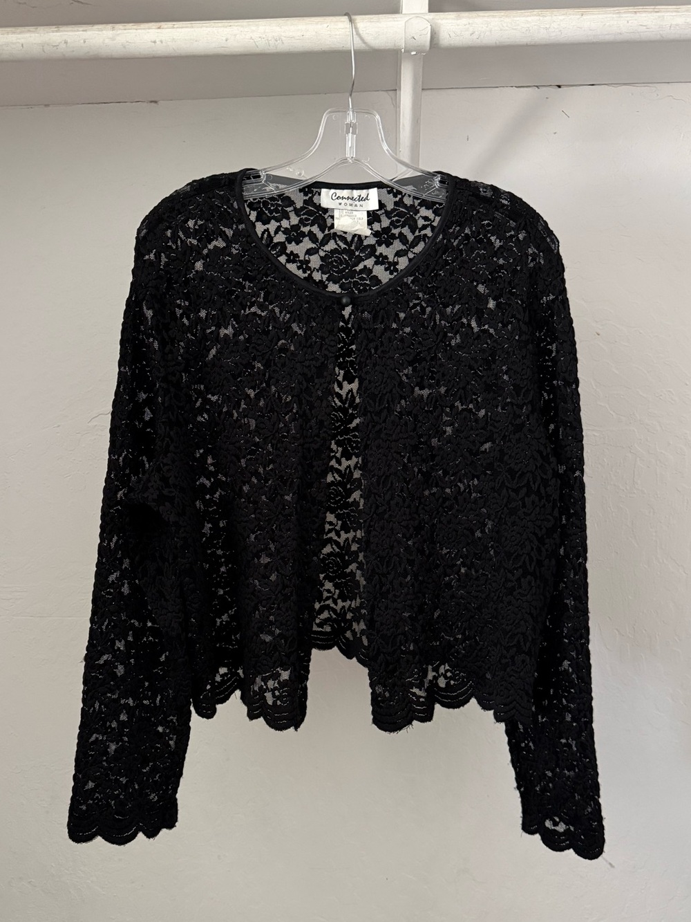 1990s Whimsigoth Black Mesh Stretch Lace Connected Woman Cardigan Jacket